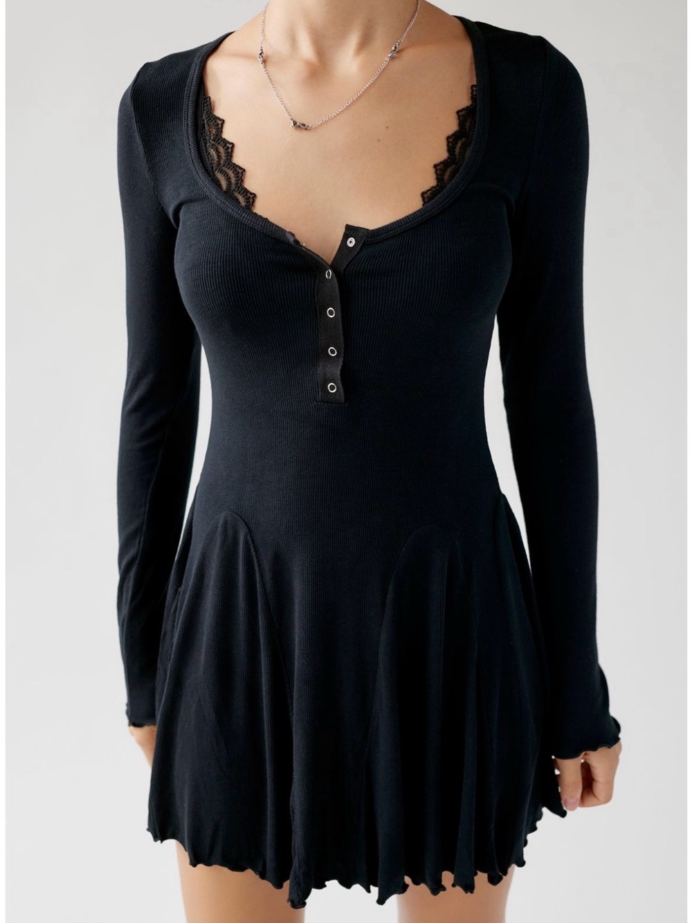 Urban Outfitters Black Long-Sleeve V-Neck Skater Dress with Snap Detail